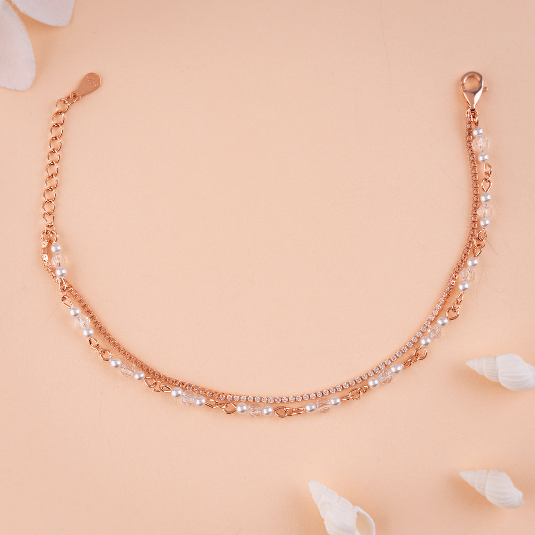 Rose Gold CZ and Pearl Bracelet | Premium Jewellery Tennis Bracelet 2 Layer | Styles