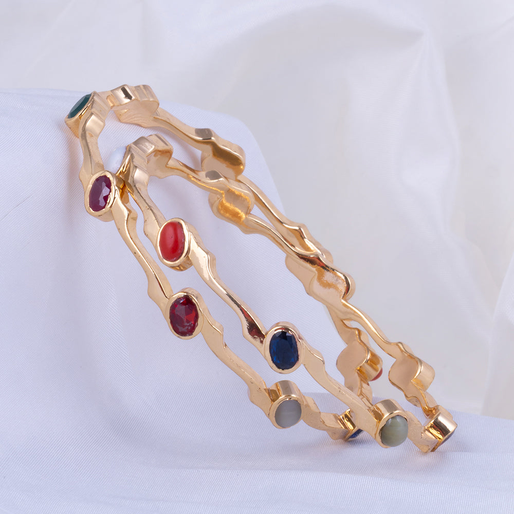 Designer Gold Plated Diamond Setting Navarathna Bangle for Women| Temple Wear