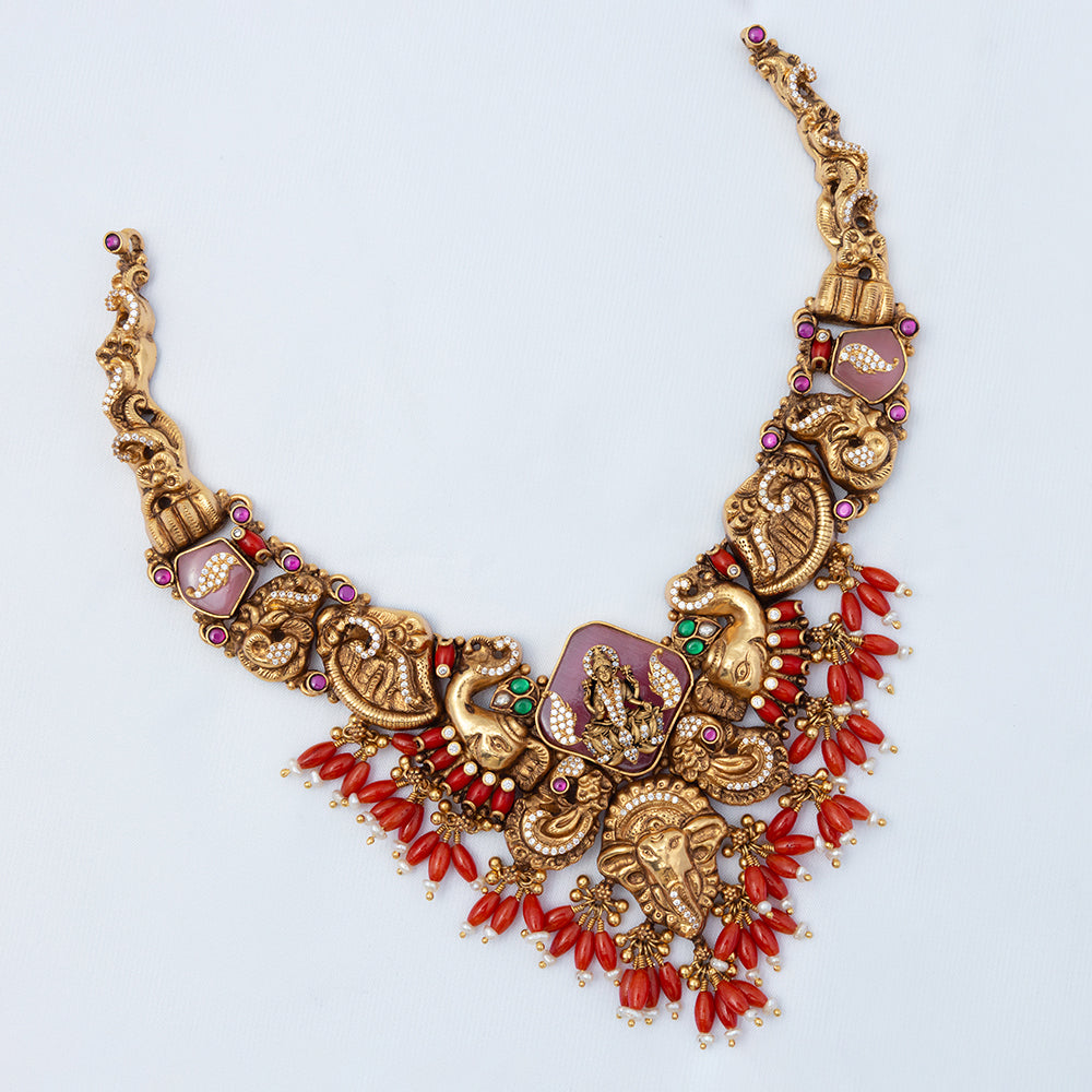Elegant Gold Plated Coral Beads CZ Stones Nagas Necklace for Women