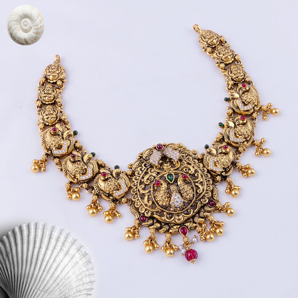 Gold Plated CZ Stone Nagas Necklace — Temple-Inspired Style