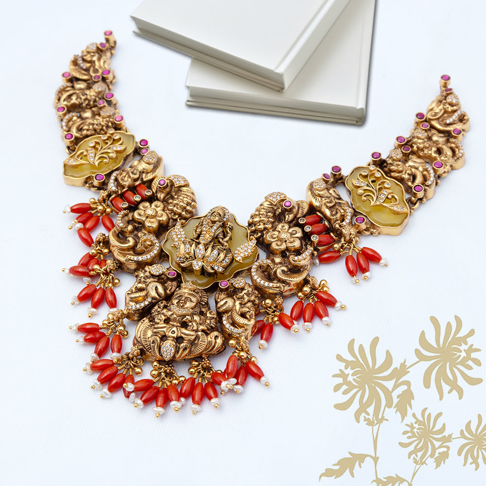 Gold Plated Coral Beads Nagas Necklace — Temple-Inspired Style| Wedding 