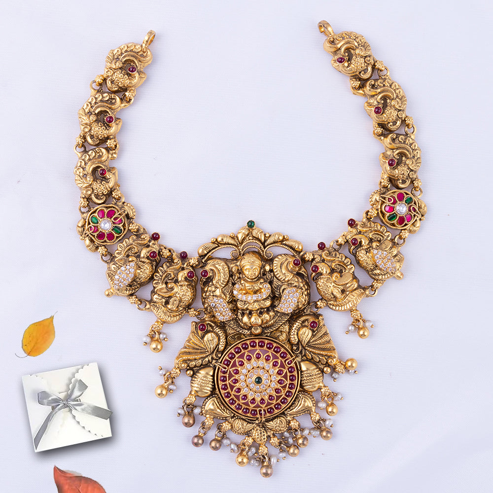 Gold Plated Kundan CZ Stone Nagas Necklace — Temple-Inspired Style