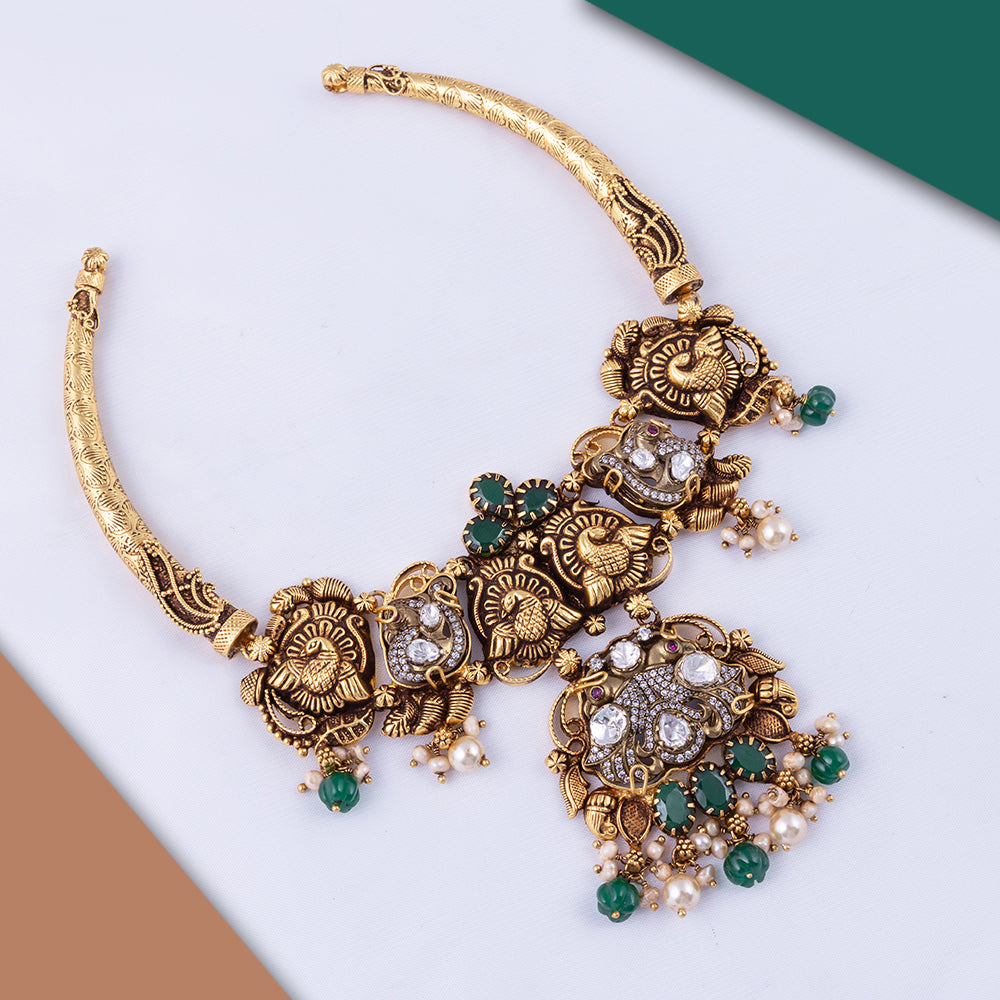 Gold Plated Polki and Beads Nagas Necklace — Temple-Inspired Style