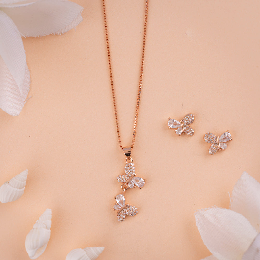 Italian CZ Rose Gold Chain Pendant Set for Festive Wear
