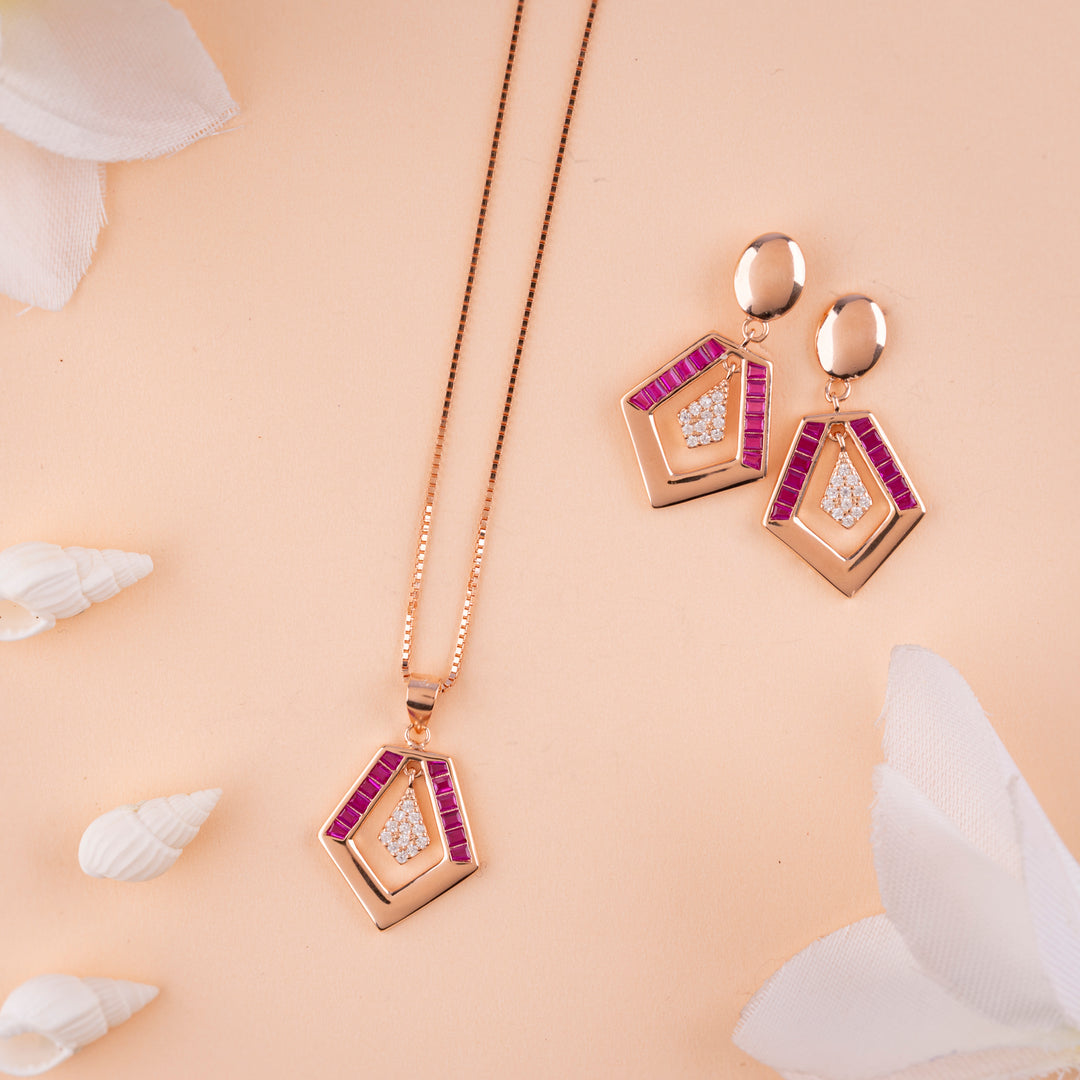 Italian CZ Rose Gold Chain Pendant Set in Rose Gold Finish| Festival Wear