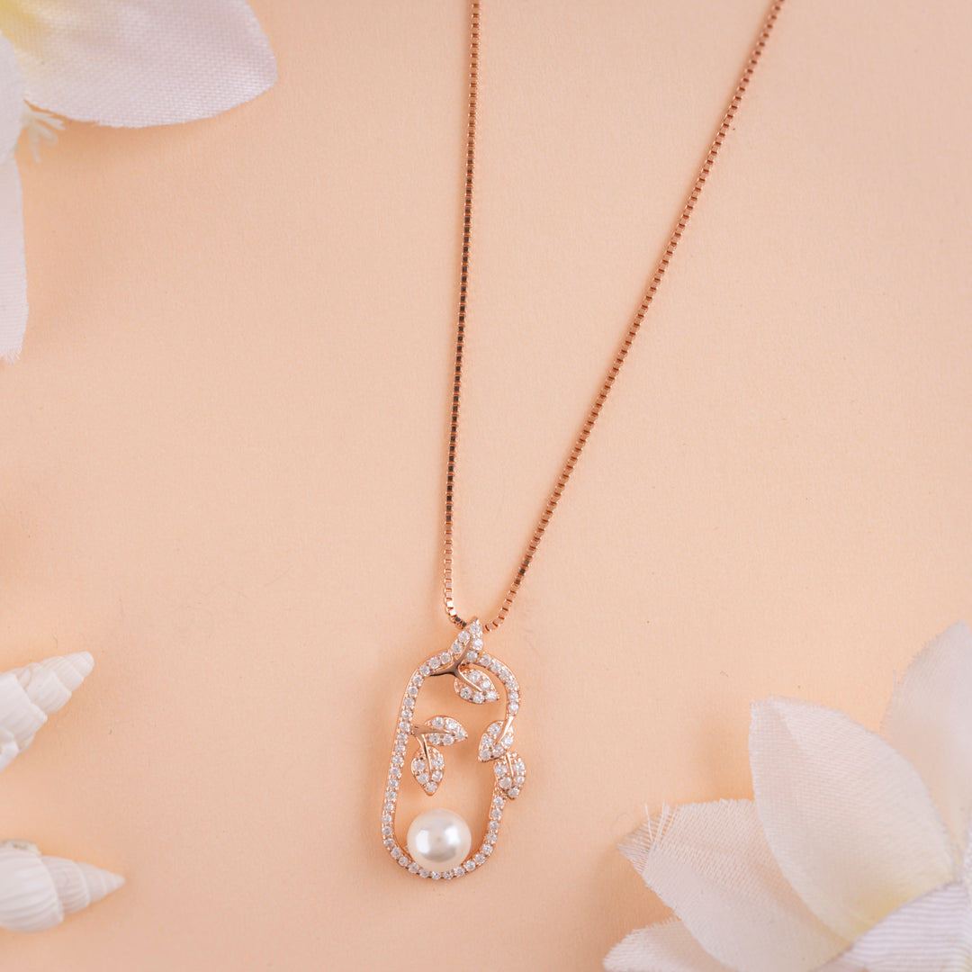 Italian CZ Rose Gold Pearl Chain Pendant in Rose Gold Finish| Party Wear