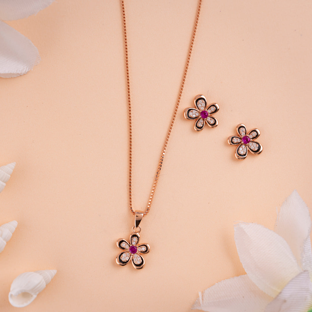 Italian CZ Rose Gold With Enamel Chain Pendant Set in Rose Gold Finish | Traditional