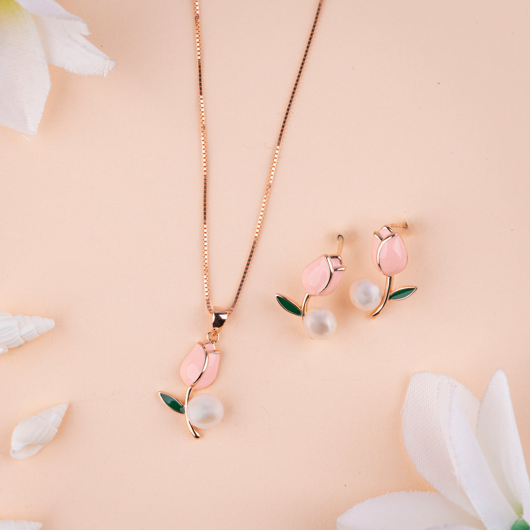 Premium Enamel Italian Rose Gold Chain Pendant Set| Modern